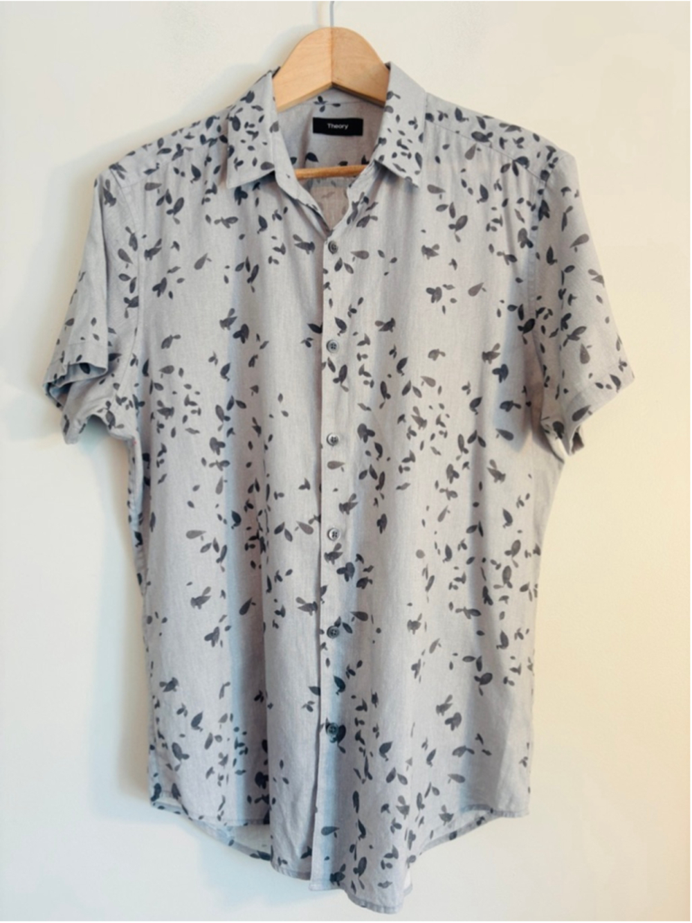 Theory Gray & Black Leaf Print Casual Button Down Linen Blend Mens Shirt Size M